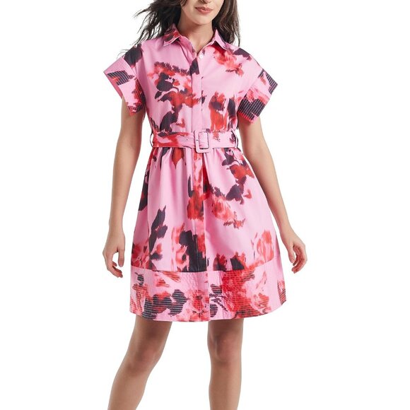 Women Floral Button-Down Shirt Dress Cotton Polyester V-Neck Mini Casual
